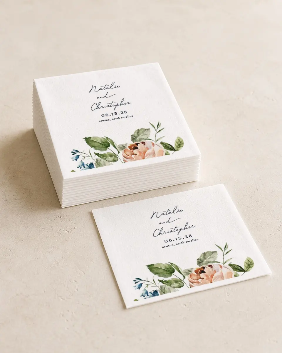This is a 4¾" x 4¾" Wedding Napkin called The Natalie printed in full color