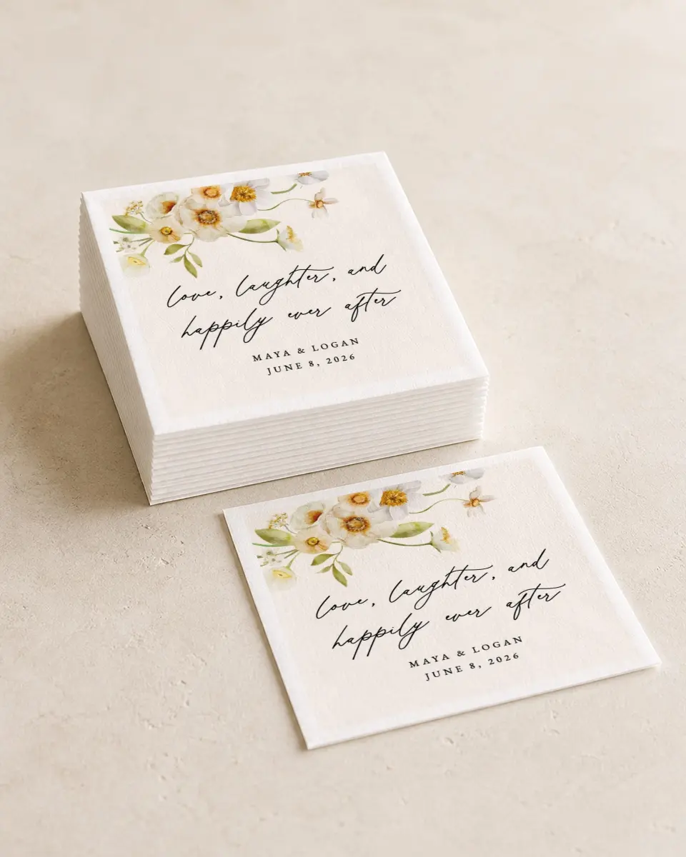 This is a 4¾" x 4¾" Wedding Napkin called Charming Cosmos printed in full color