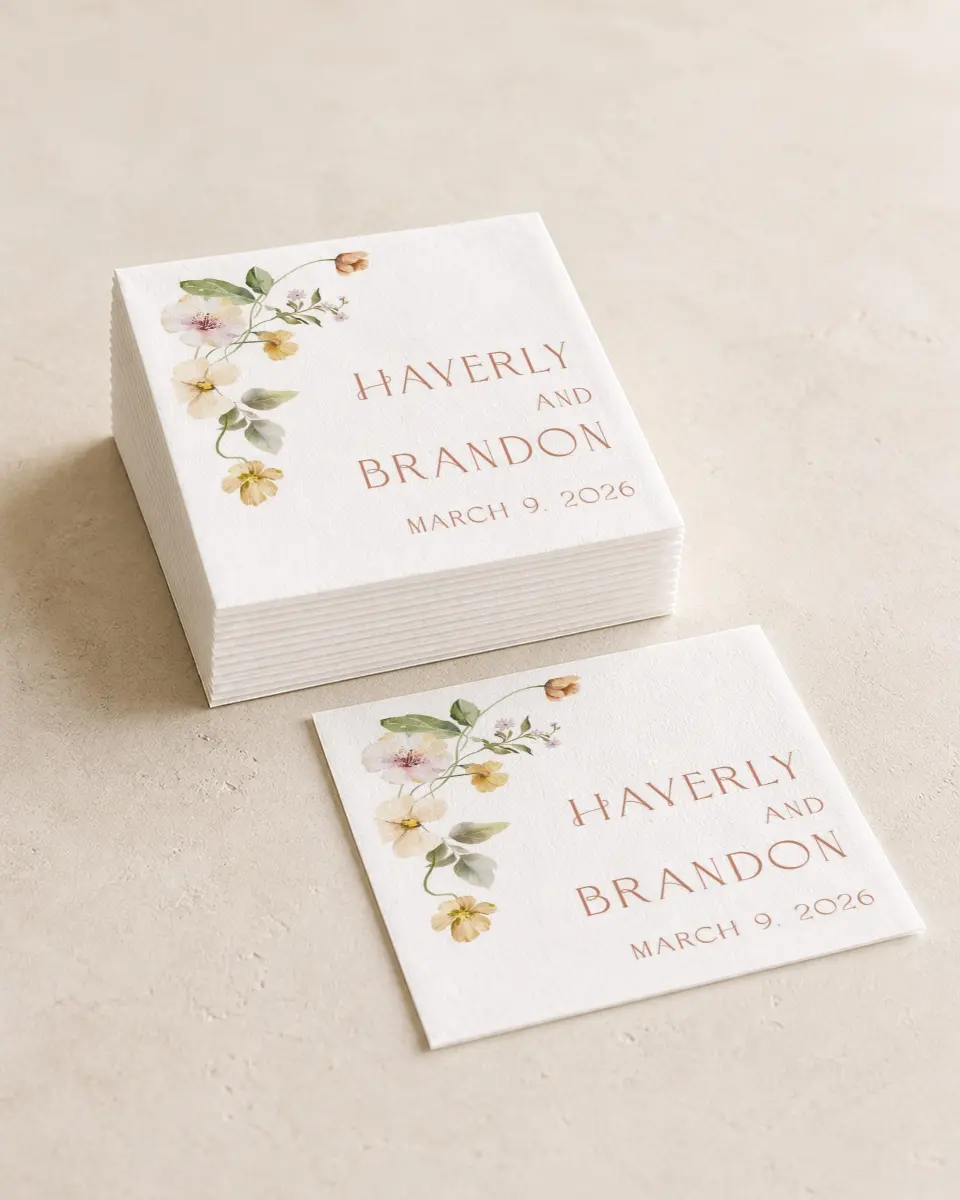 This is a 4¾" x 4¾" Wedding Napkin called Delicate Garden printed in full color