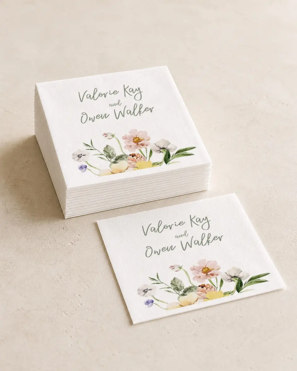 This is a 4¾" x 4¾" Wedding Napkin called Hopeful Floral printed in full color