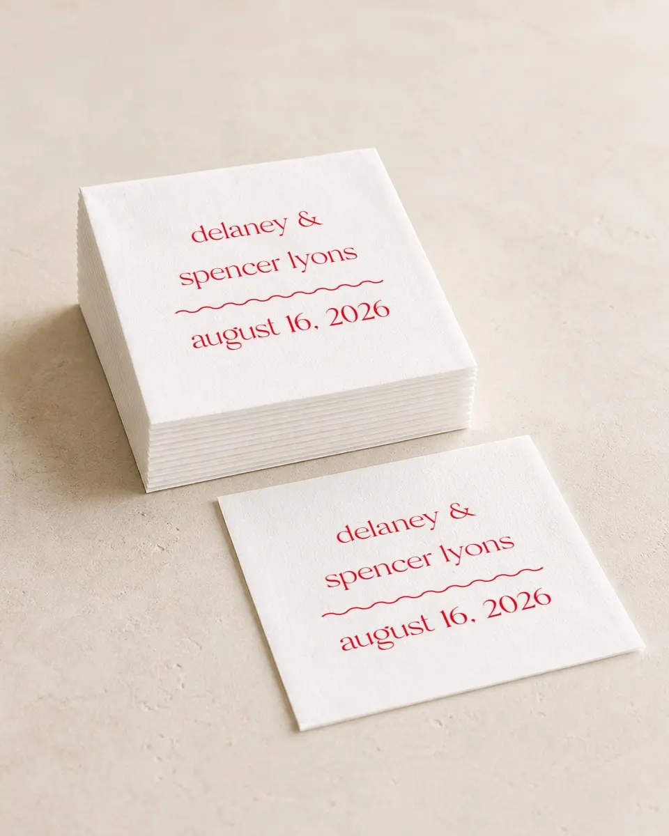 This is a 4¾" x 4¾" Wedding Napkin called The Delaney printed in full color