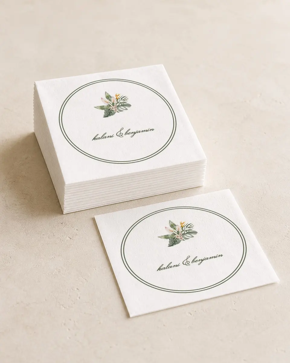 This is a 4¾" x 4¾" Wedding Napkin called Aloha Amore printed in full color