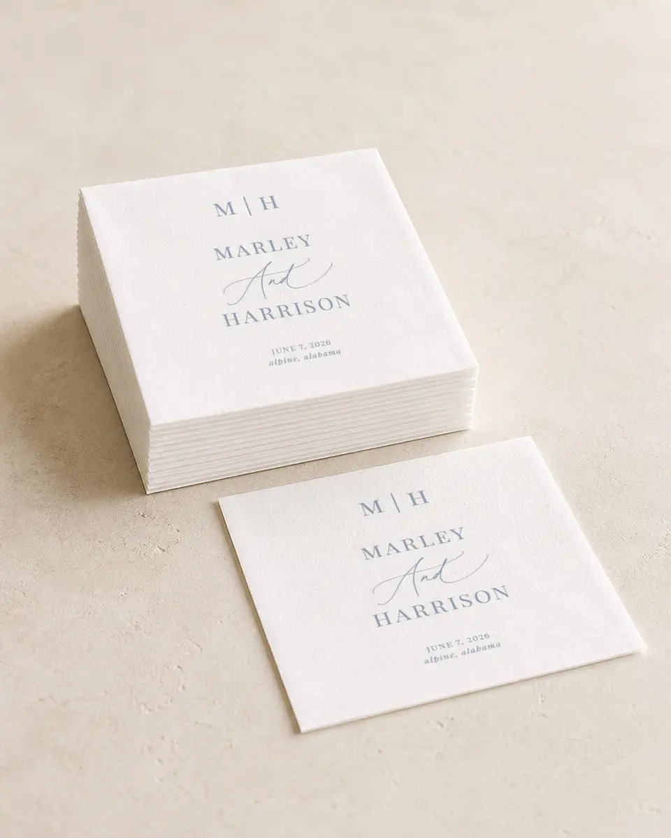 This is a 4¾" x 4¾" Wedding Napkin called Blue Blossoms printed in full color