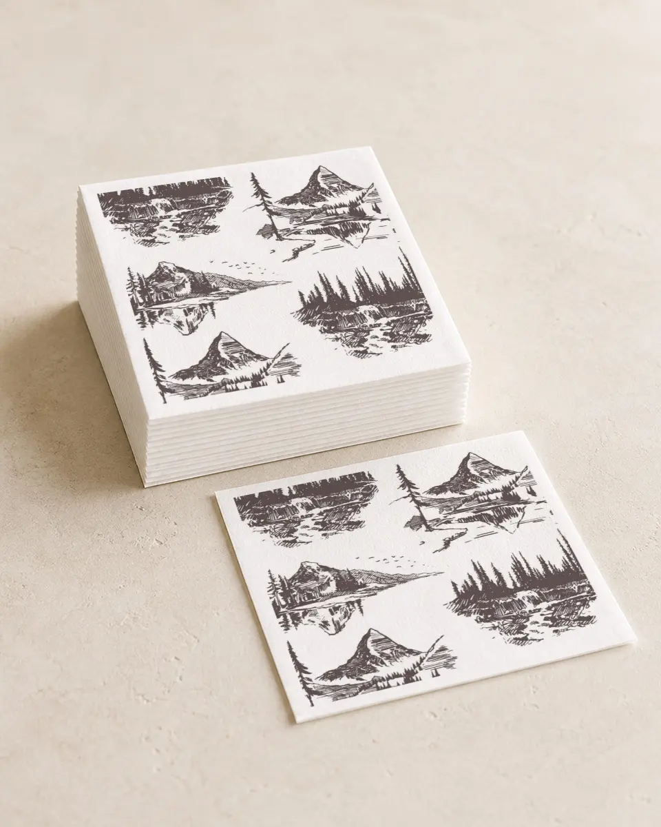 This is a 4¾" x 4¾" Wedding Napkin called Mountain Bliss printed in full color