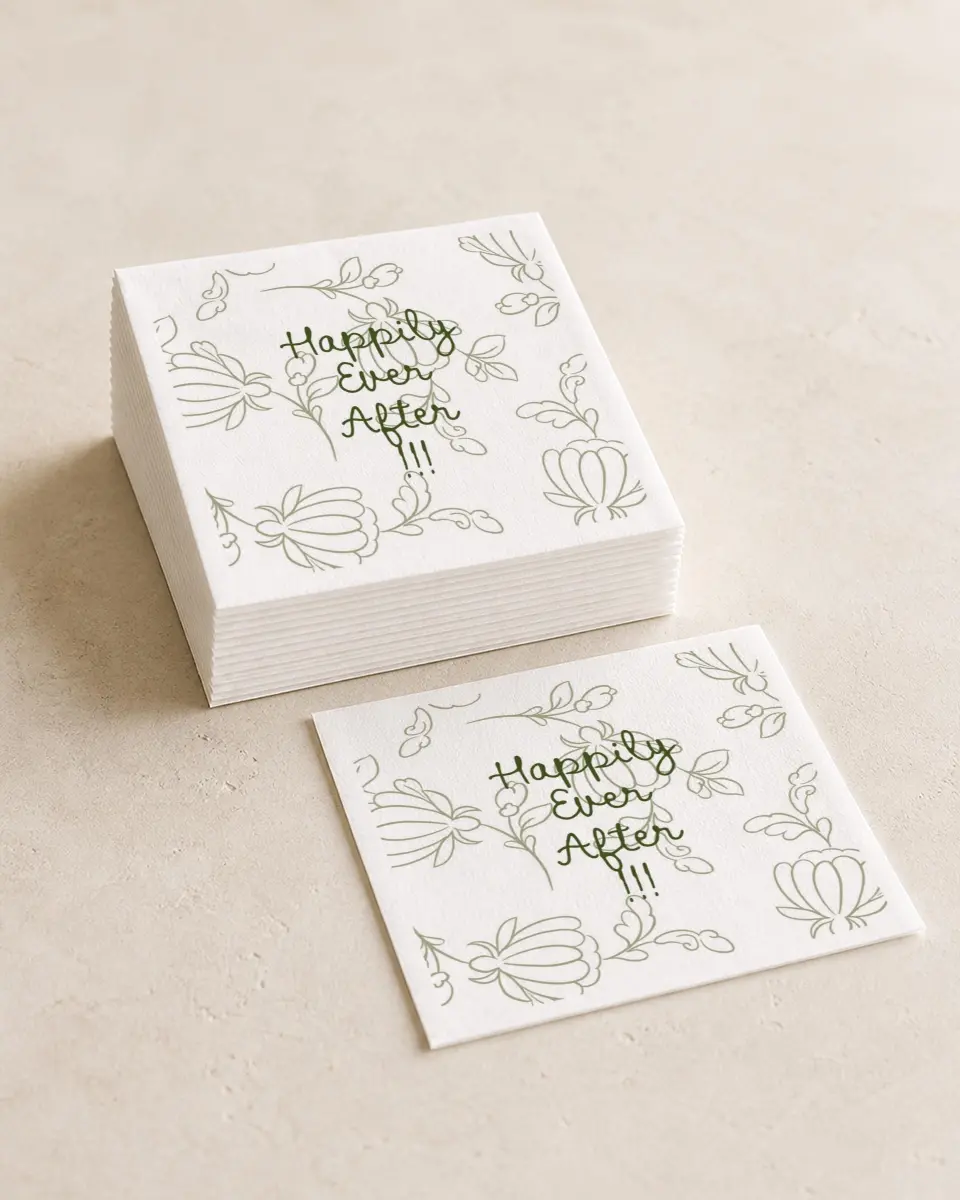 This is a 4¾" x 4¾" Wedding Napkin called Evergreen Elegance printed in full color
