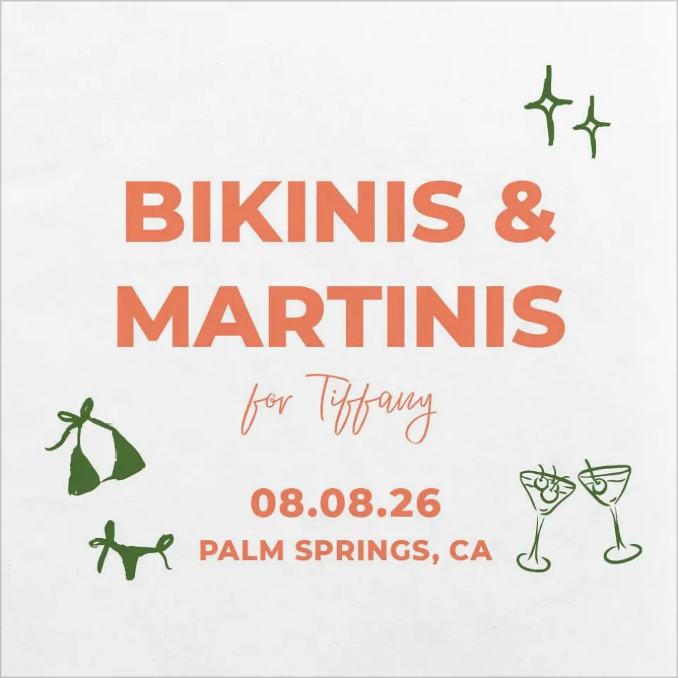 This is a 4¾" x 4¾" Bachelorette Party Table Décor called Bikinis & Martinis printed in full color