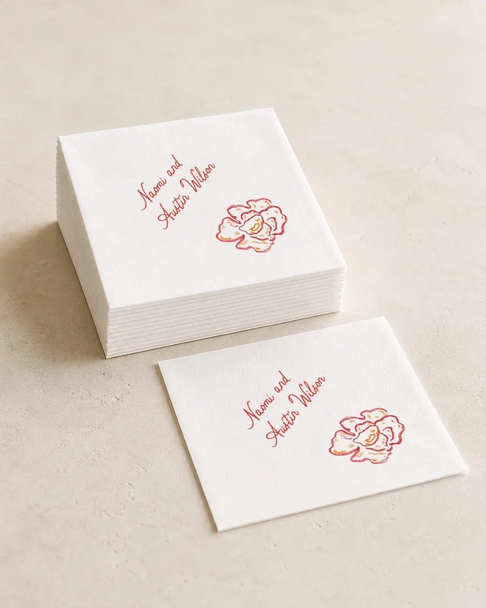 This is a 4¾" x 4¾" Wedding Napkin called Whimsy Love printed in full color