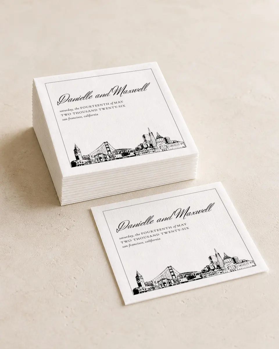 This is a 4¾" x 4¾" Wedding Napkin called Commonwealth Club printed in full color