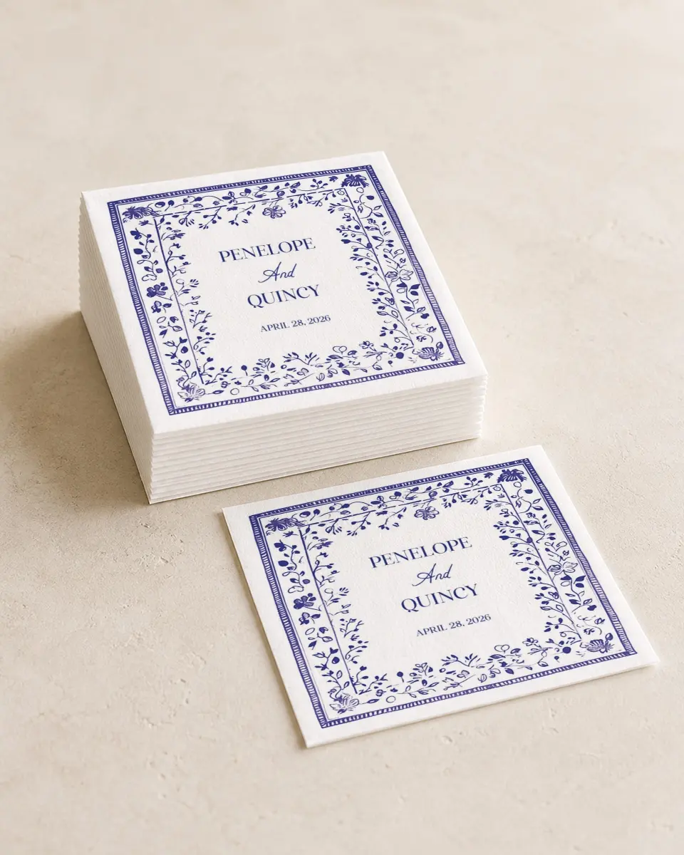 This is a 4¾" x 4¾" Wedding Napkin called Storybook Garden printed in full color
