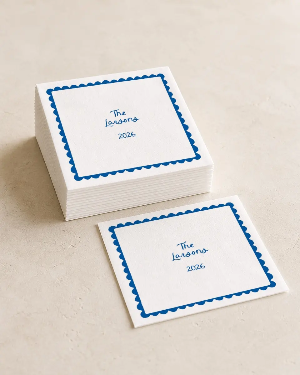 This is a 4¾" x 4¾" Wedding Napkin called Scalloped Elegance printed in full color