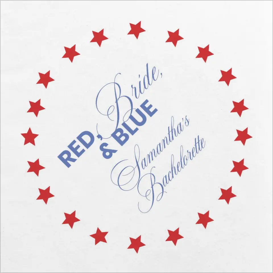 This is a 4¾" x 4¾" Bachelorette Party Table Décor called Red, Bride, and Blue printed in full color