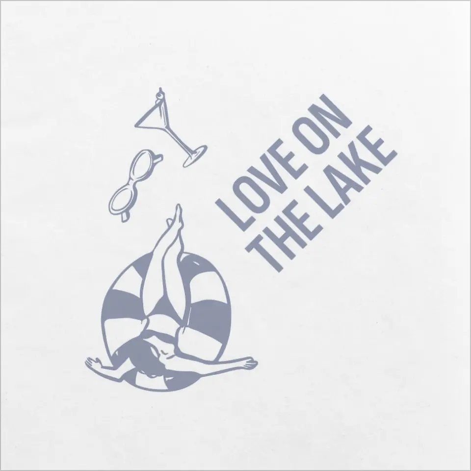 This is a 4¾" x 4¾" Bachelorette Party Table Décor called Love on the Lake printed in full color