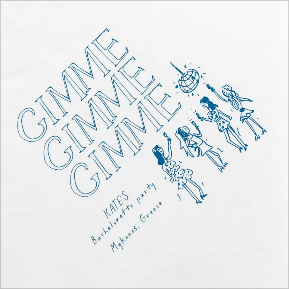 This is a 4¾" x 4¾" Bachelorette Party Table Décor called Gimme Gimme Gimme printed in full color