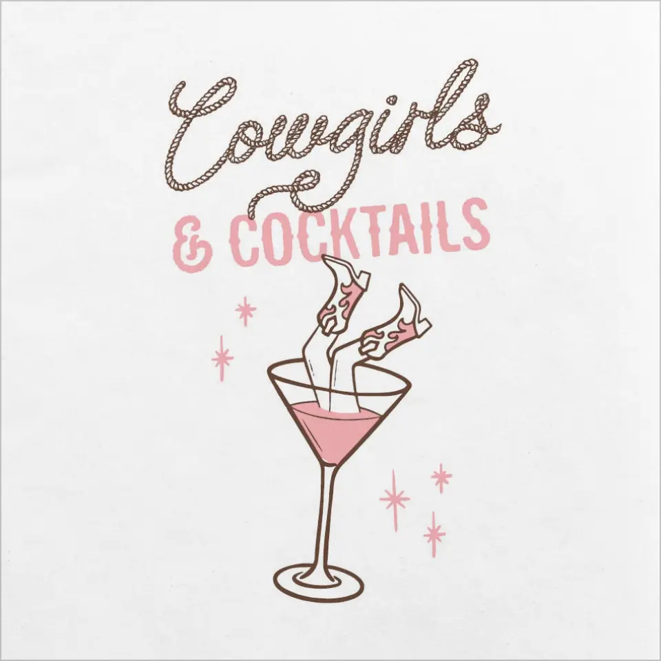 This is a 4¾" x 4¾" Bachelorette Party Table Décor called Cowgirls & Cocktails printed in full color