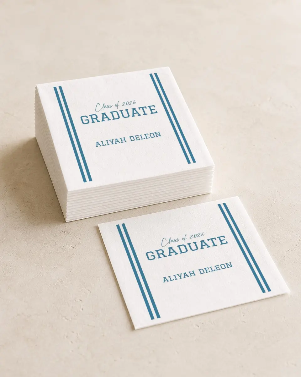 This is a 4¾" x 4¾" Graduation Napkin called Varsity Stripes printed in full color