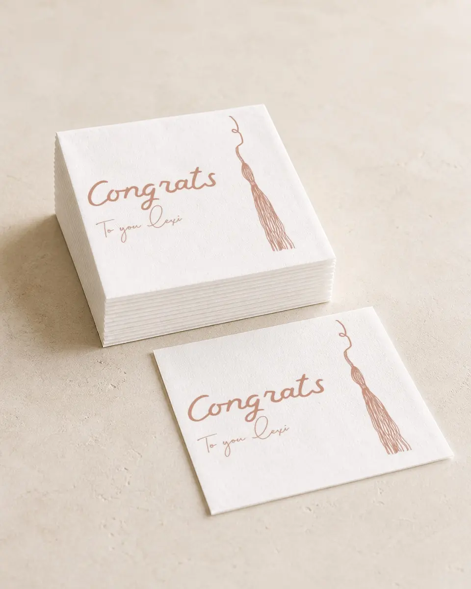 This is a 4¾" x 4¾" Graduation Napkin called Tassels on Tassels printed in full color