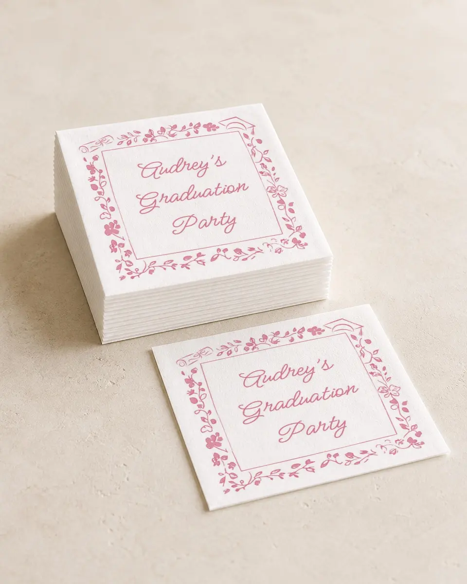 This is a 4¾" x 4¾" Graduation Napkin called Happily in Bloom printed in full color