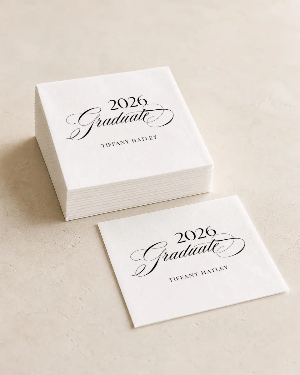 This is a 4¾" x 4¾" Graduation Napkin called Graduate Script printed in full color
