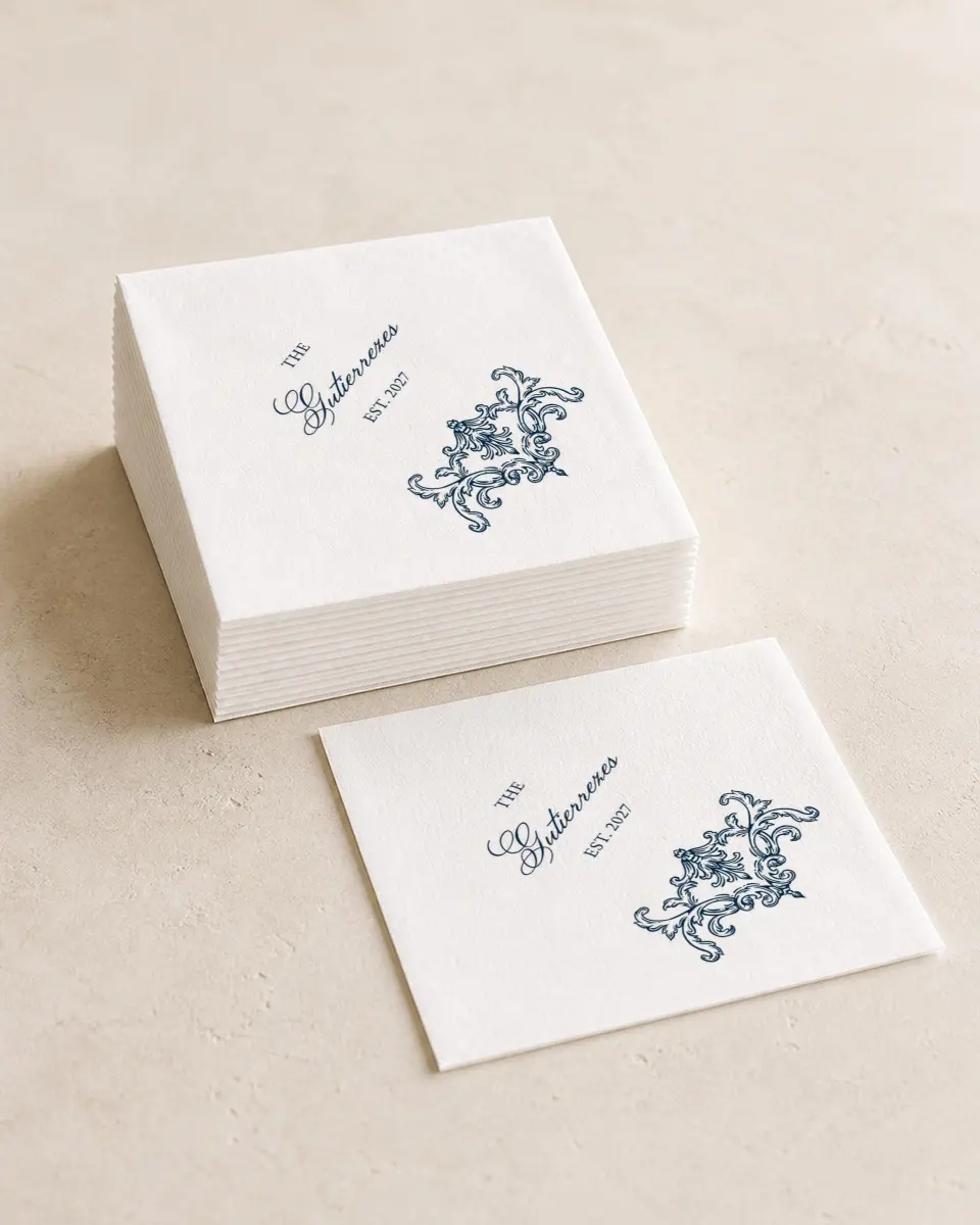 This is a 4¾" x 4¾" Wedding Napkin called Heirloom Crest printed in full color
