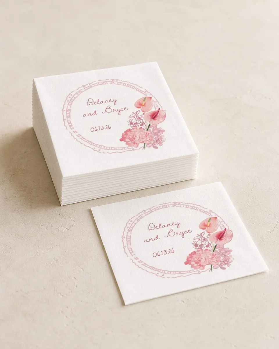 This is a 4¾" x 4¾" Wedding Napkin called Blushing Whimsy printed in full color