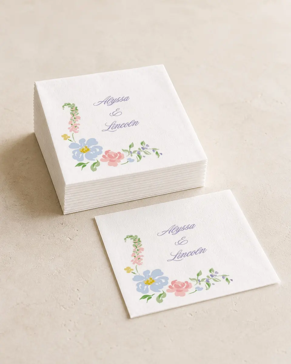 This is a 4¾" x 4¾" Wedding Napkin called Gentle Garden printed in full color