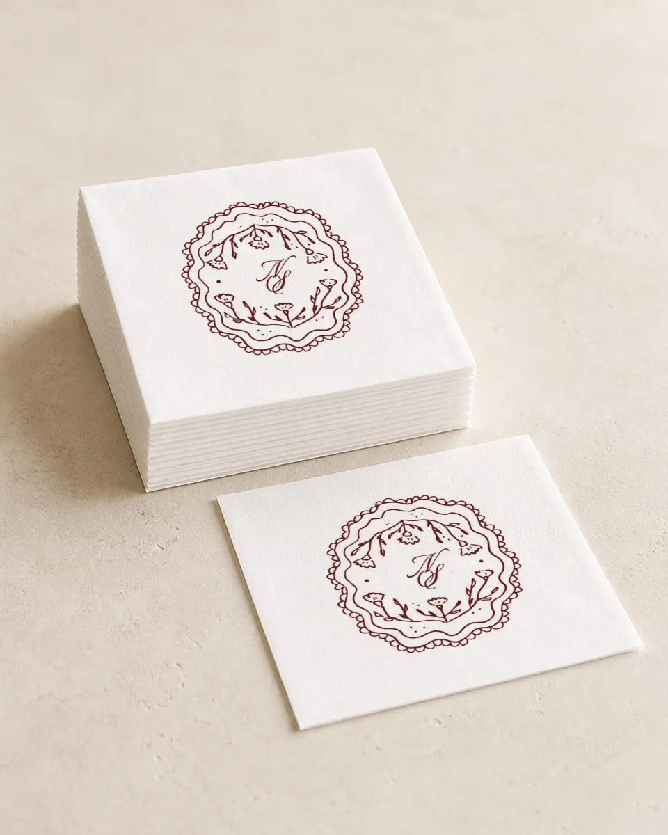 This is a 4¾" x 4¾" Wedding Napkin called Bloom & Crest printed in full color