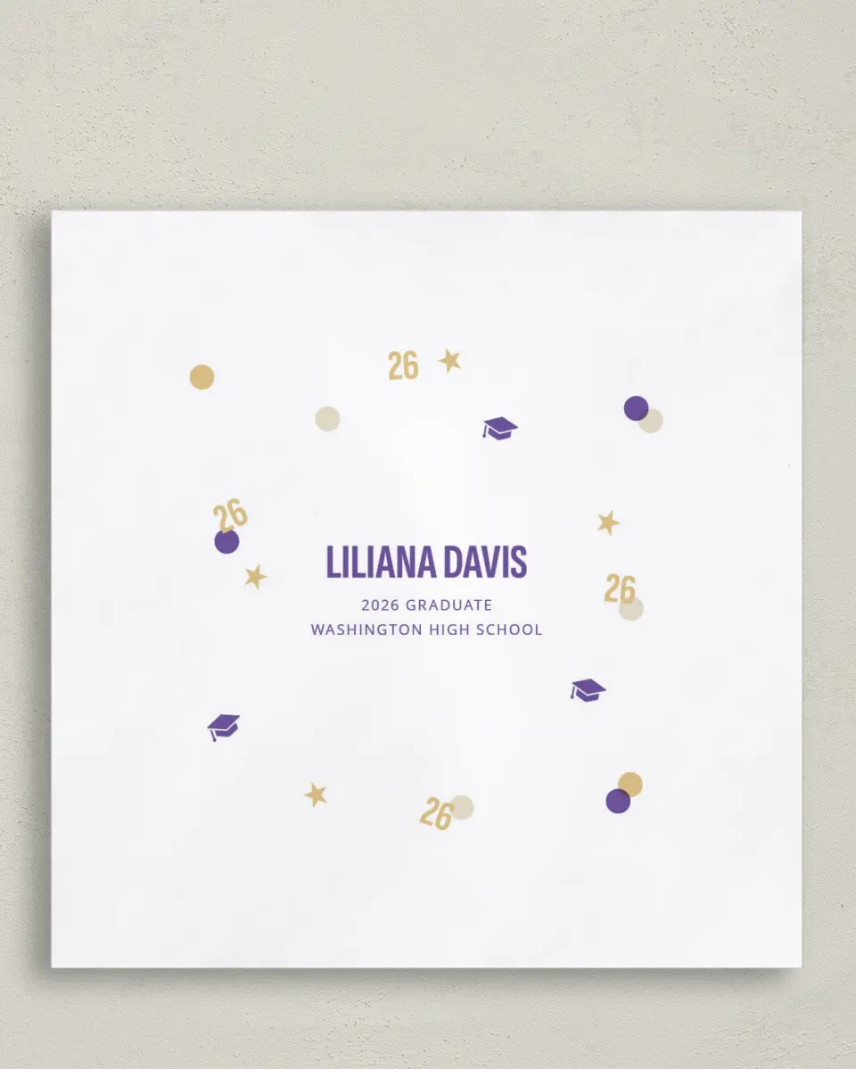 This is a 6½" x 6½" Graduation Napkin called Confetti Toss printed in full color