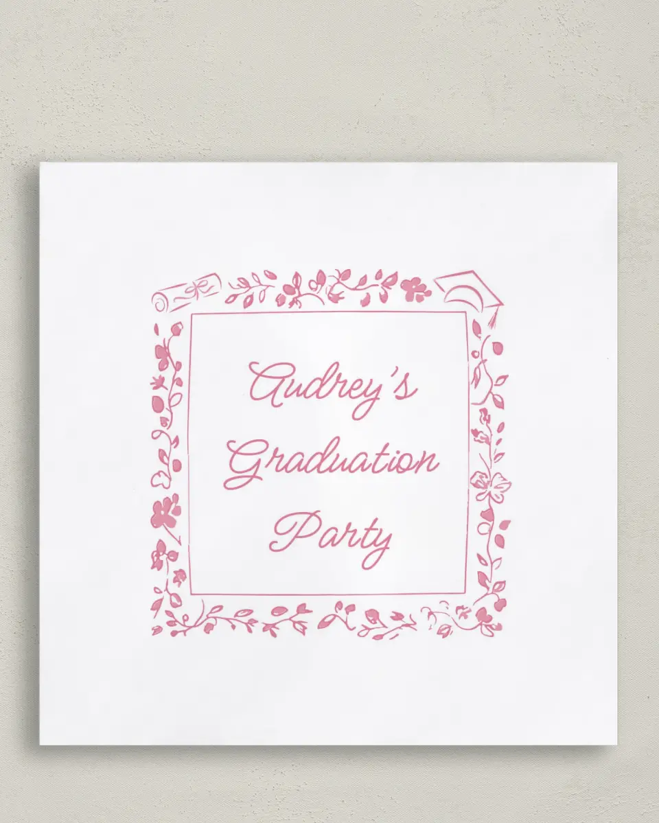 This is a 6½" x 6½" Graduation Napkin called Happily in Bloom printed in full color