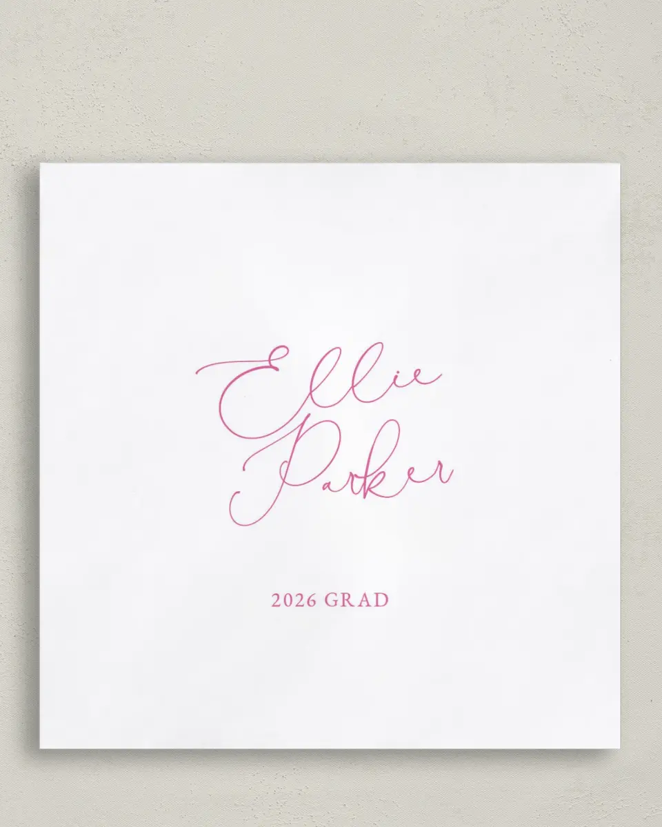 This is a 6½" x 6½" Graduation Napkin called Script Grad printed in full color