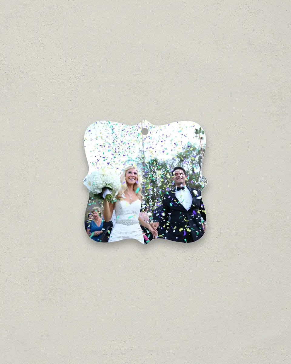 This is a 3" x 3" Wedding Metal Ornament called Full Photo printed in full color