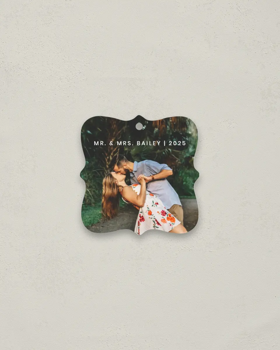 This is a 3" x 3" Wedding Metal Ornament called Full Photo with Text printed in full color