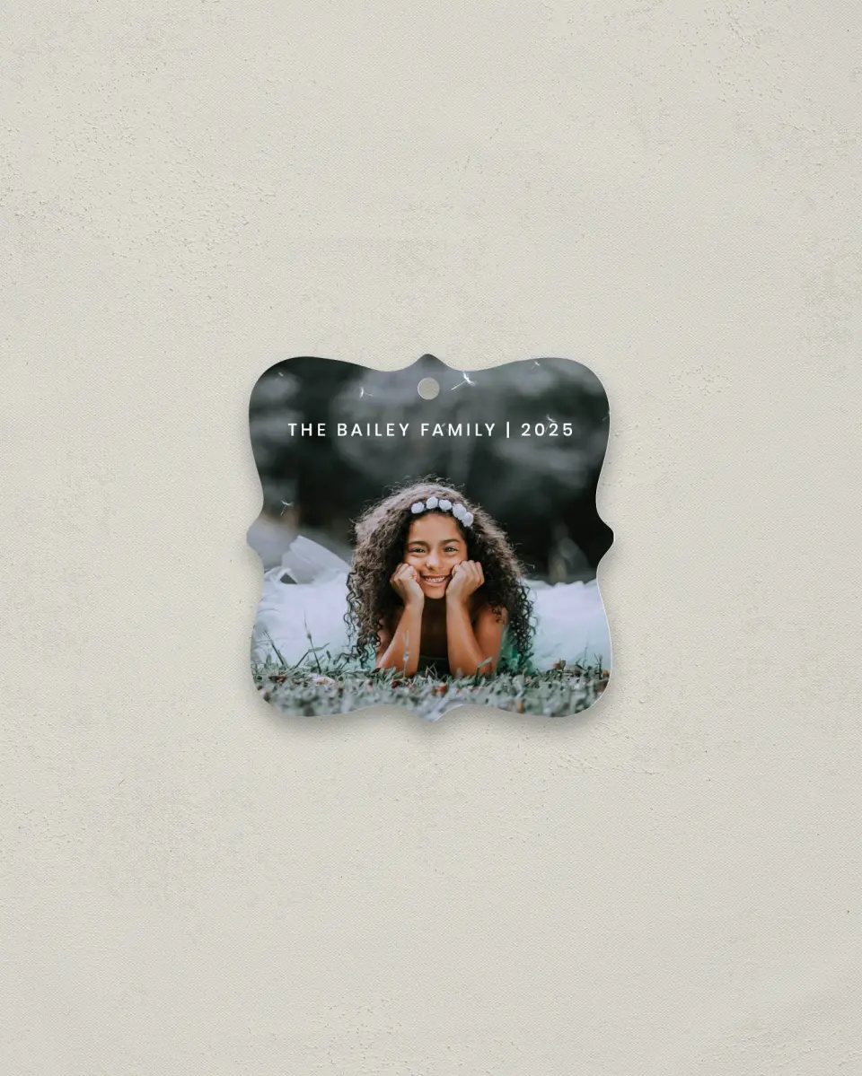 This is a 3" x 3" Metal Ornament called Full Photo with Text printed in full color