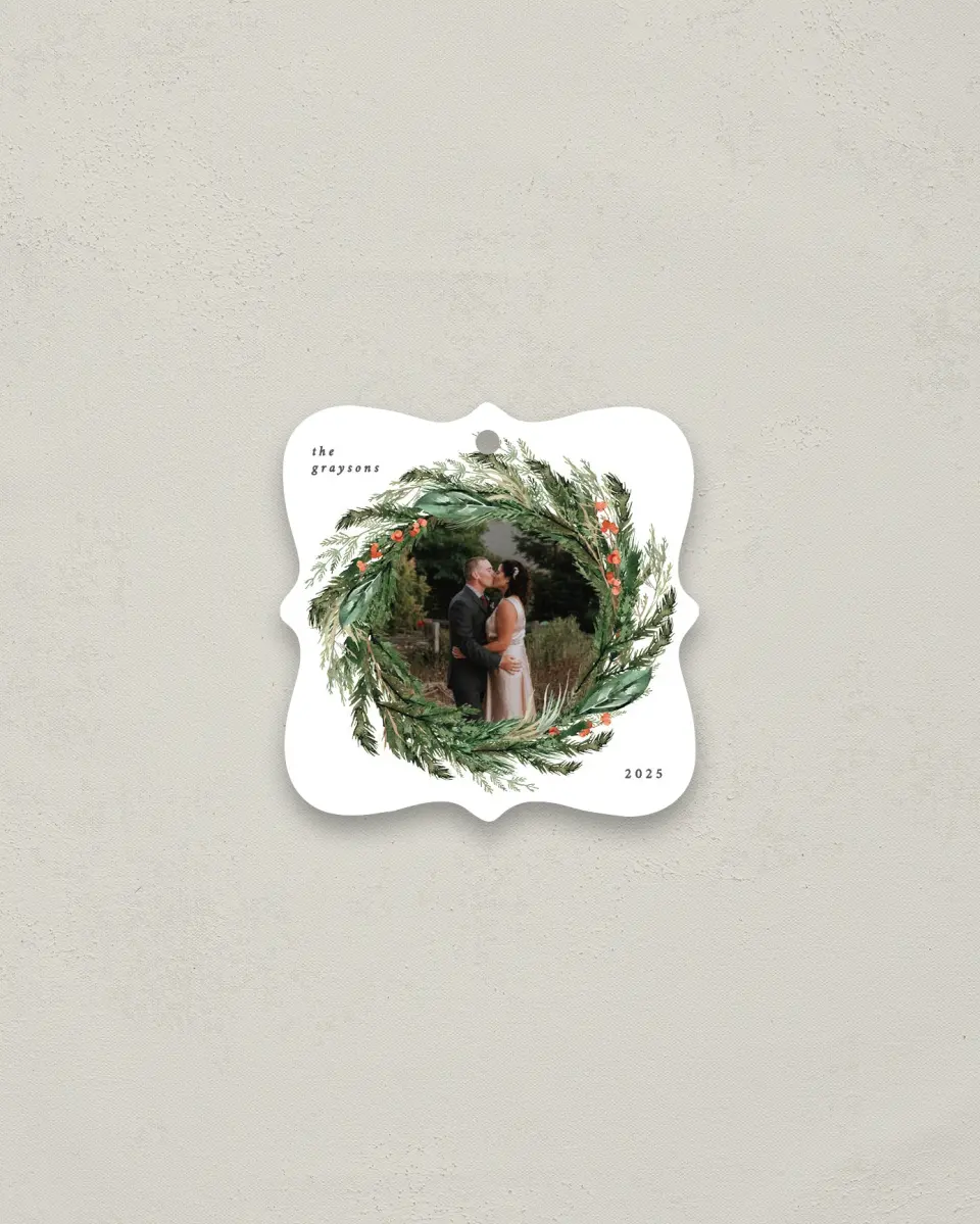 This is a 3" x 3" Metal Ornament called Warm Wreath printed in full color