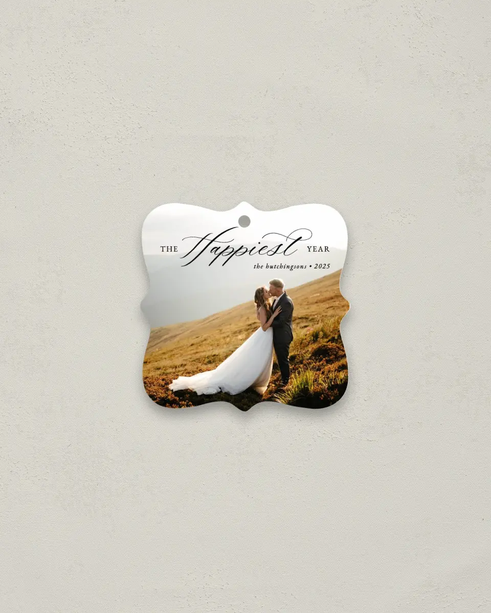 This is a 3" x 3" Wedding Metal Ornament called Happiest Year printed in full color