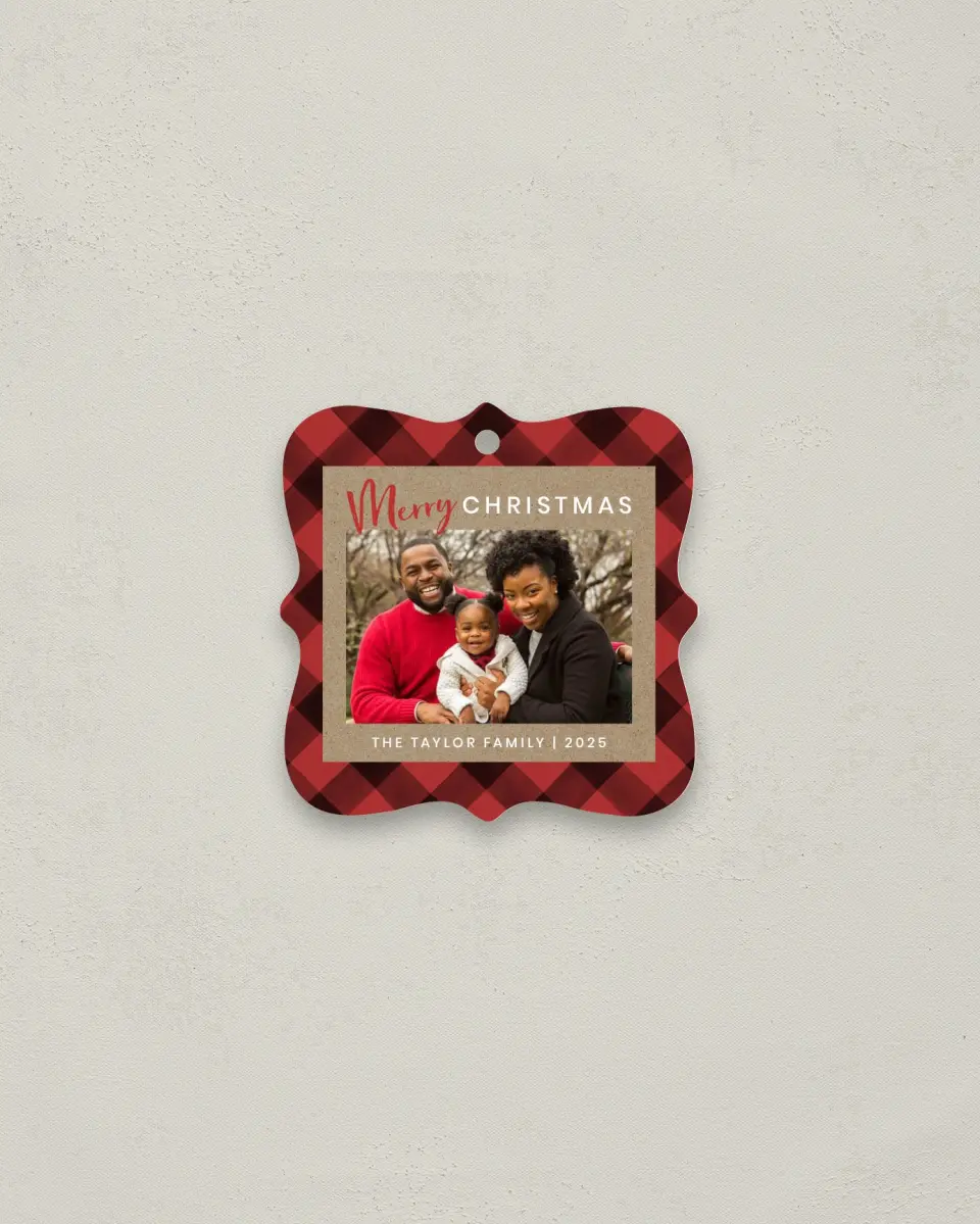 This is a 3" x 3" Metal Ornament called Plaid Christmas printed in full color