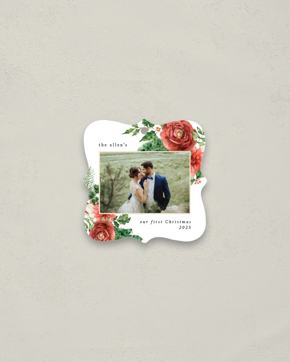 This is a 3" x 3" Wedding Metal Ornament called Christmas Roses printed in full color