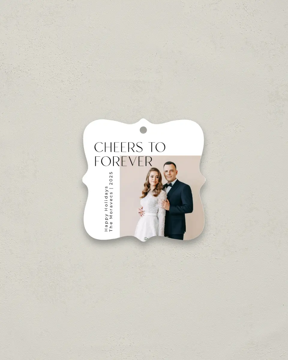 This is a 3" x 3" Wedding Metal Ornament called Cheers to Forever printed in full color
