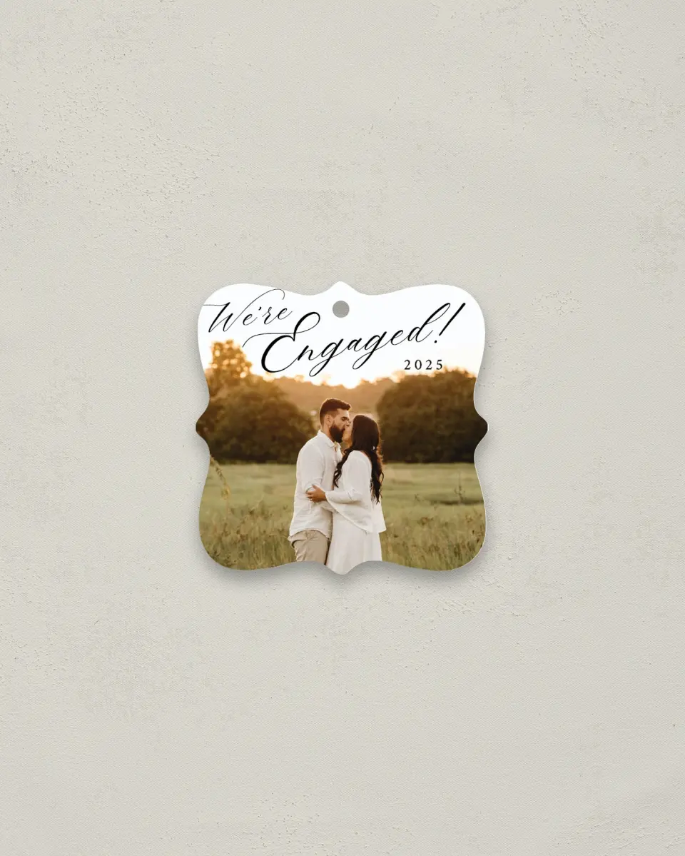 This is a 3" x 3" Wedding Metal Ornament called Elegant Engagement printed in full color
