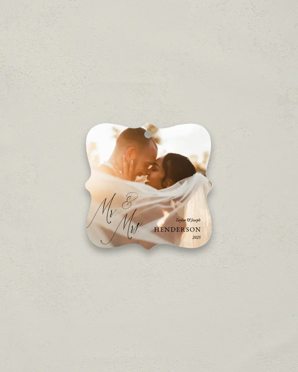 This is a 3" x 3" Wedding Metal Ornament called Dramatic Greetings printed in full color