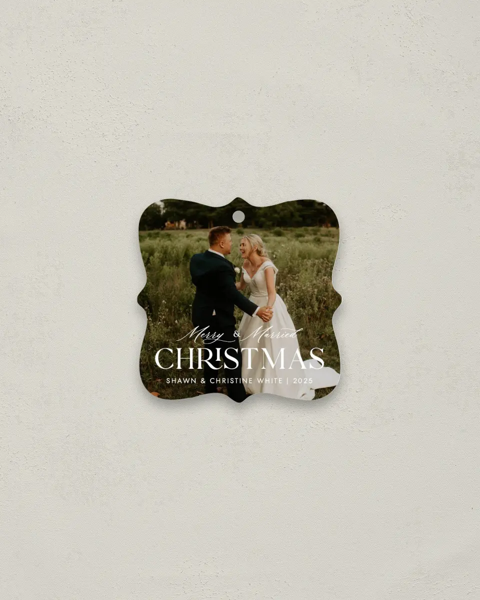 This is a 3" x 3" Wedding Metal Ornament called Scripted Merry printed in full color