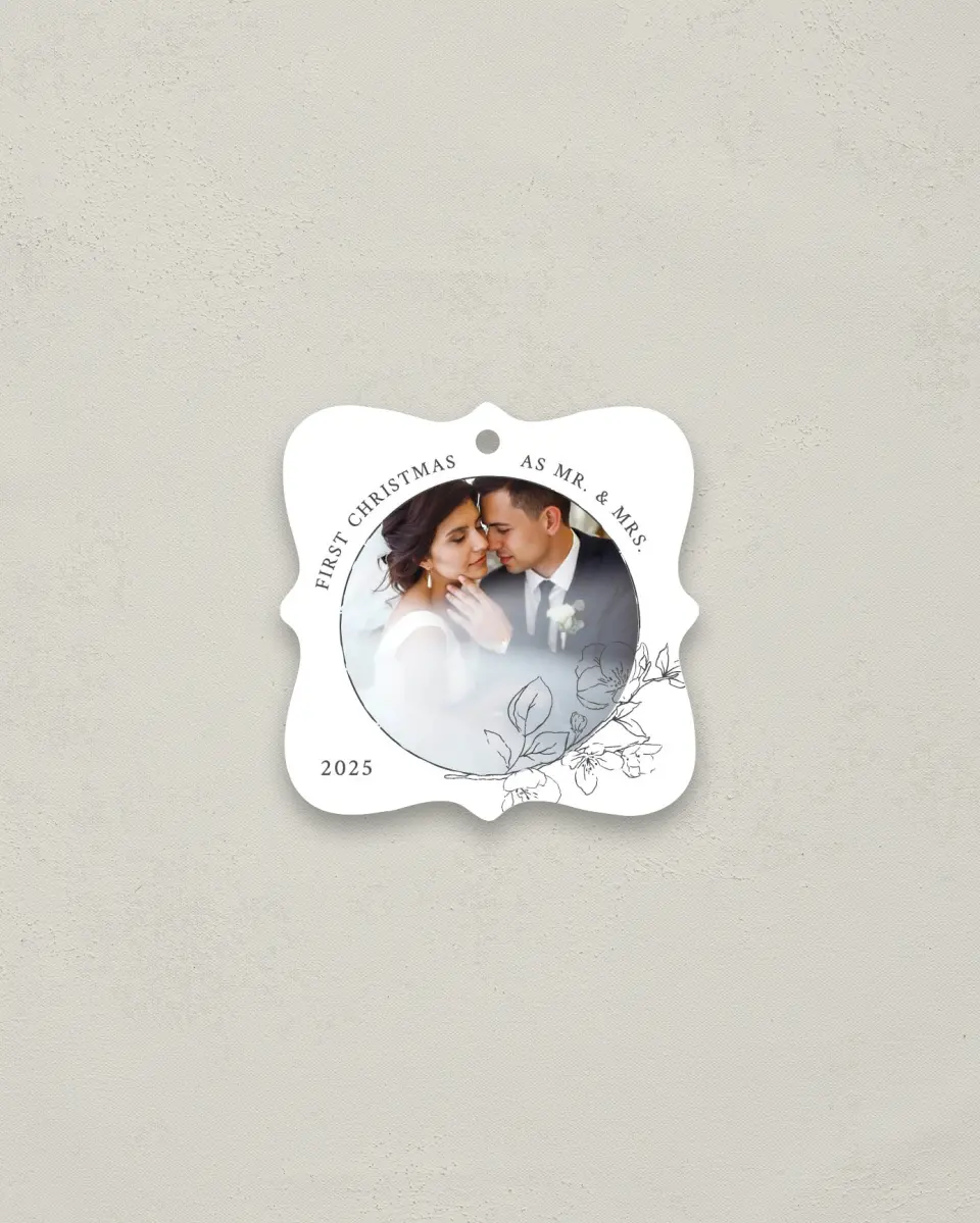 This is a 3" x 3" Wedding Metal Ornament called First of Many printed in full color