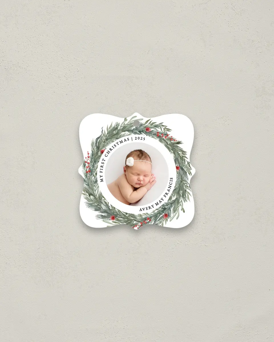 This is a 3" x 3" Metal Ornament called Baby's First Christmas printed in full color