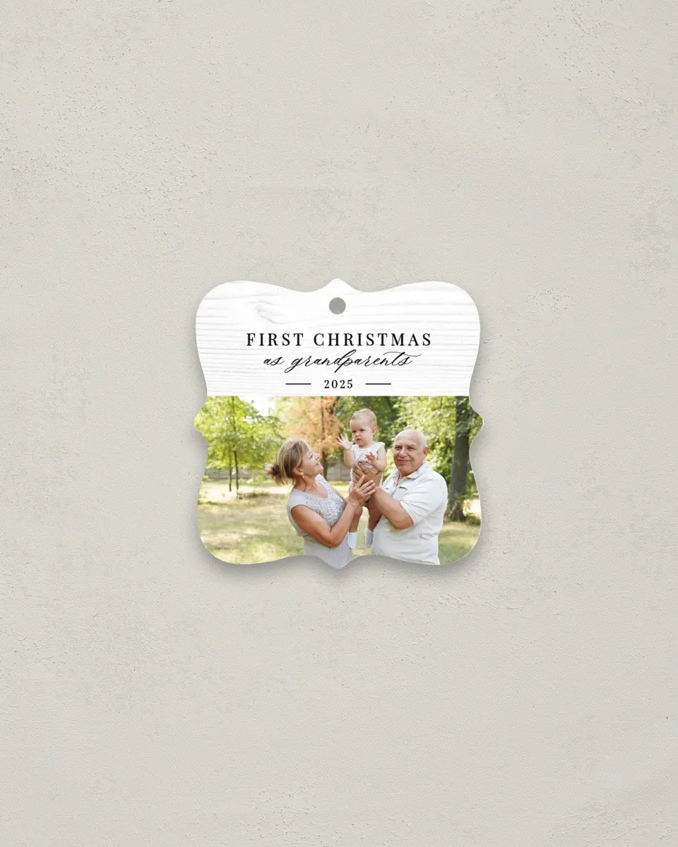 This is a 3" x 3" Metal Ornament called First Christmas as Grandparents printed in full color