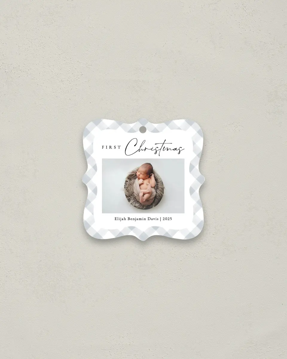 This is a 3" x 3" Metal Ornament called First Christmas for Baby printed in full color