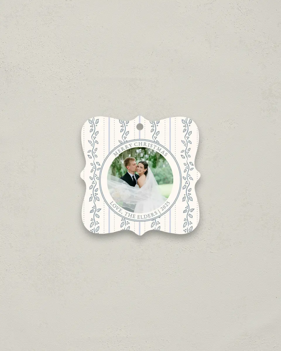 This is a 3" x 3" Wedding Metal Ornament called Petal and Pine printed in full color