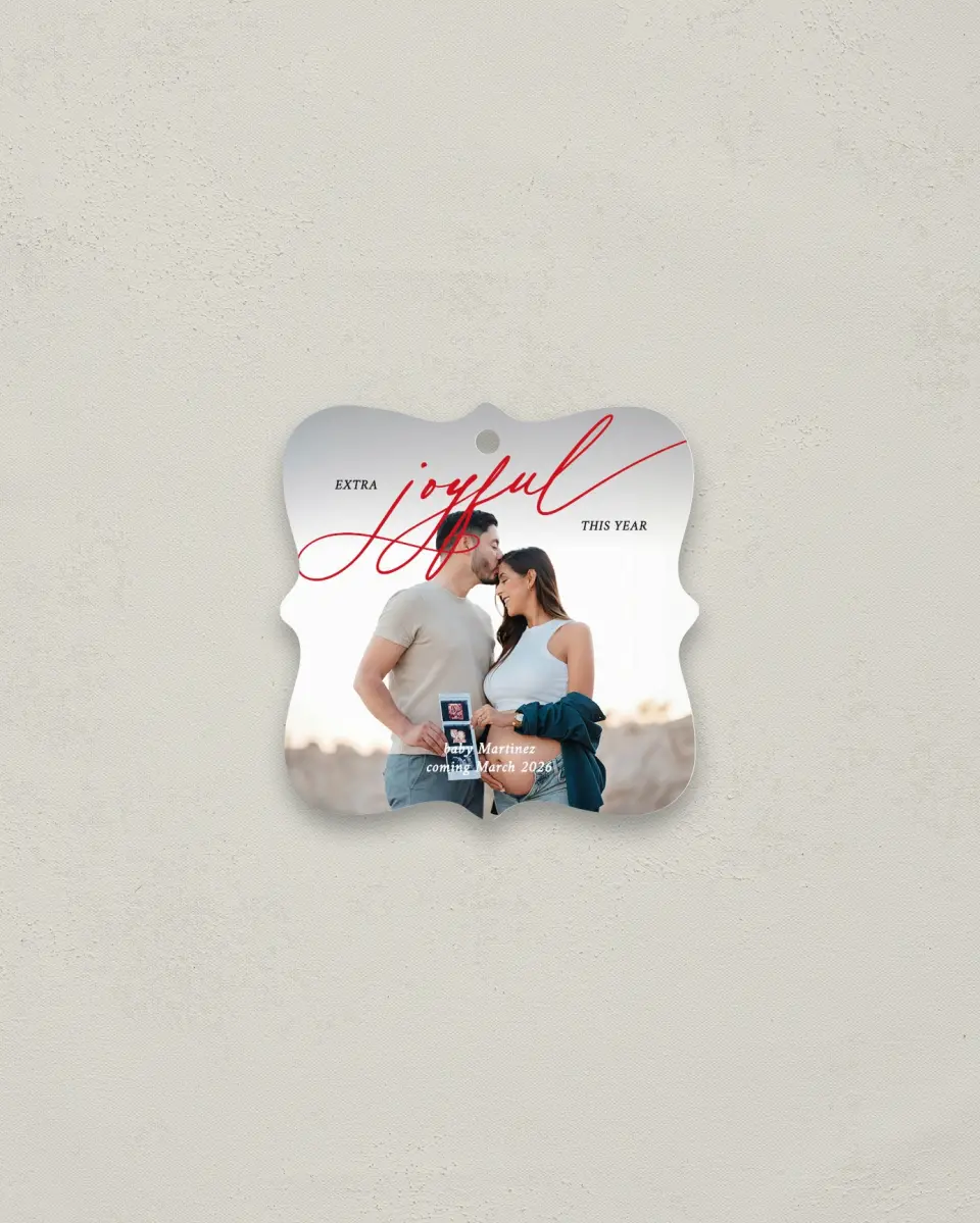 This is a 3" x 3" Wedding Metal Ornament called Extra Joyful printed in full color