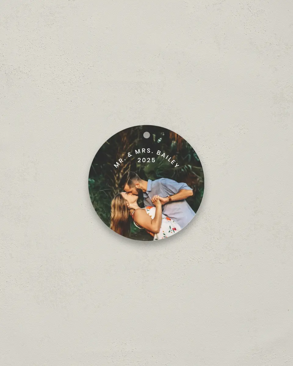 This is a 2¾" x 2¾" Wedding Metal Ornament called Full Photo with Text printed in full color