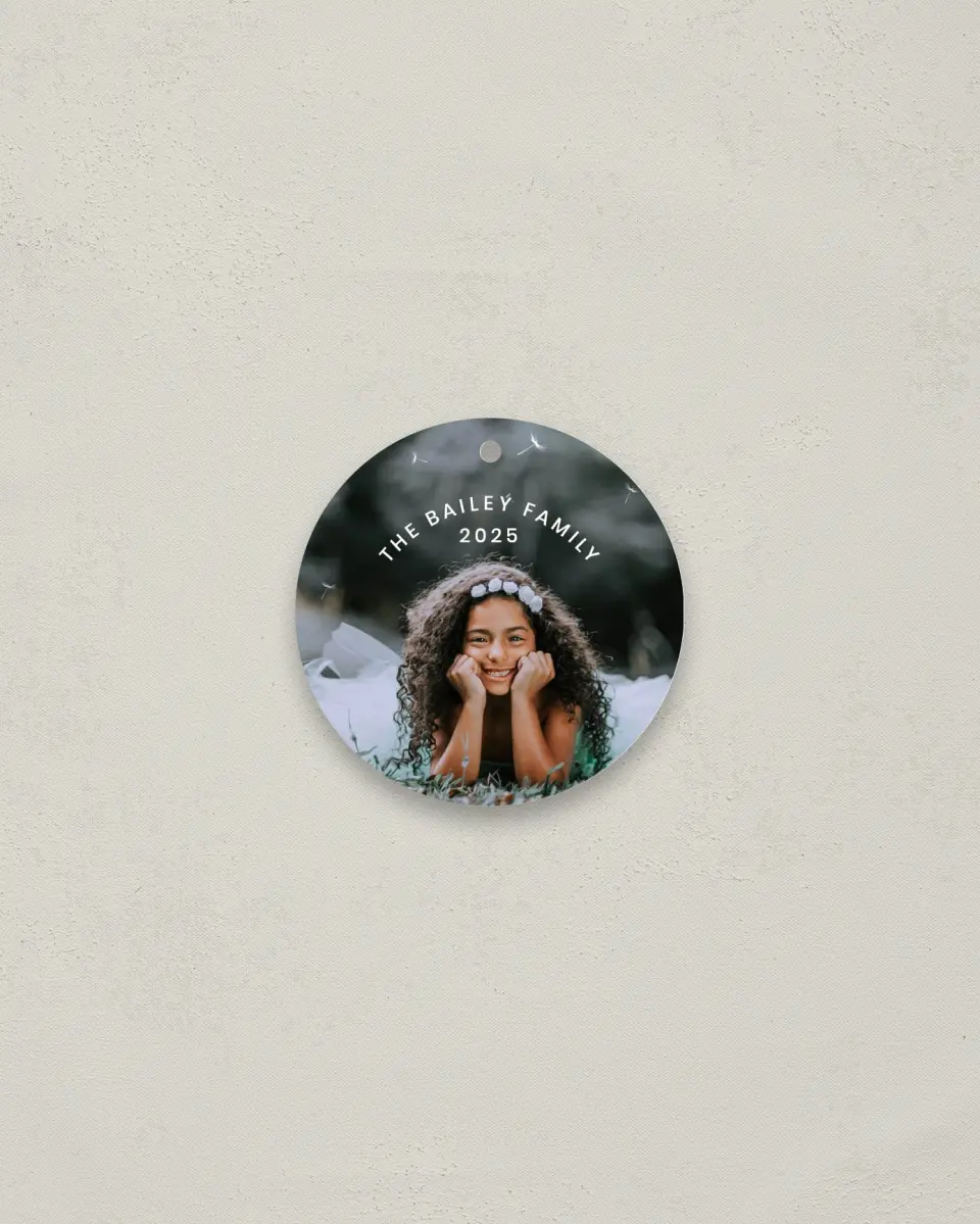 This is a 2¾" x 2¾" Metal Ornament called Full Photo with Text printed in full color