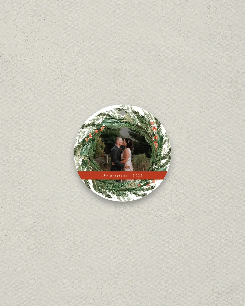 This is a 2¾" x 2¾" Metal Ornament called Warm Wreath printed in full color