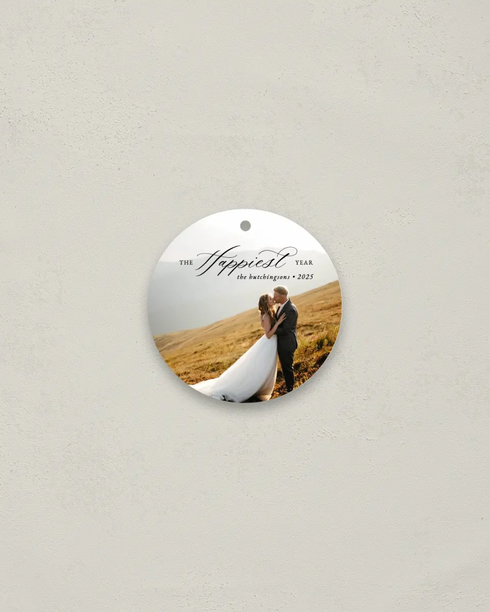 This is a 2¾" x 2¾" Wedding Metal Ornament called Happiest Year printed in full color
